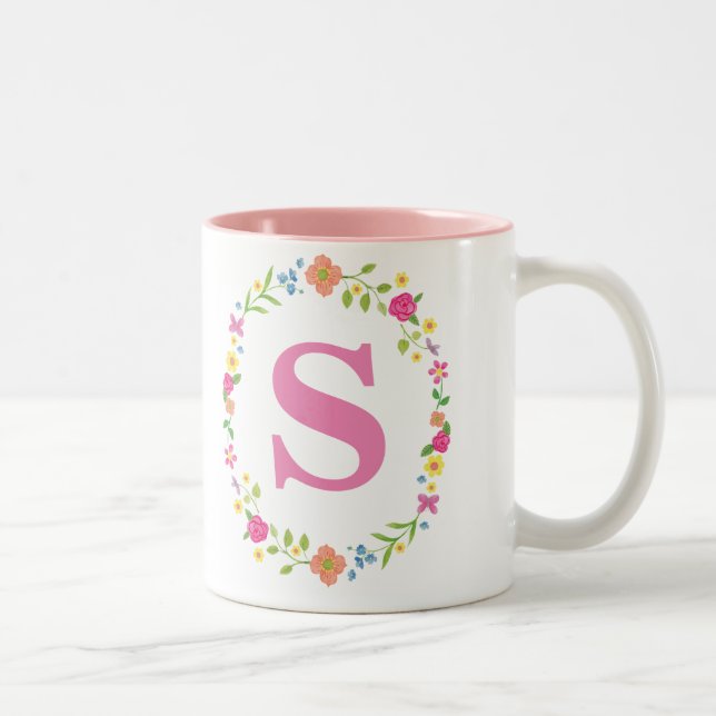 Personal Mug for Her, Pretty Floral Framed Initial (Right)