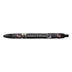 Personal Name Elegant Purple Bright Butterflies  Black Ink Pen