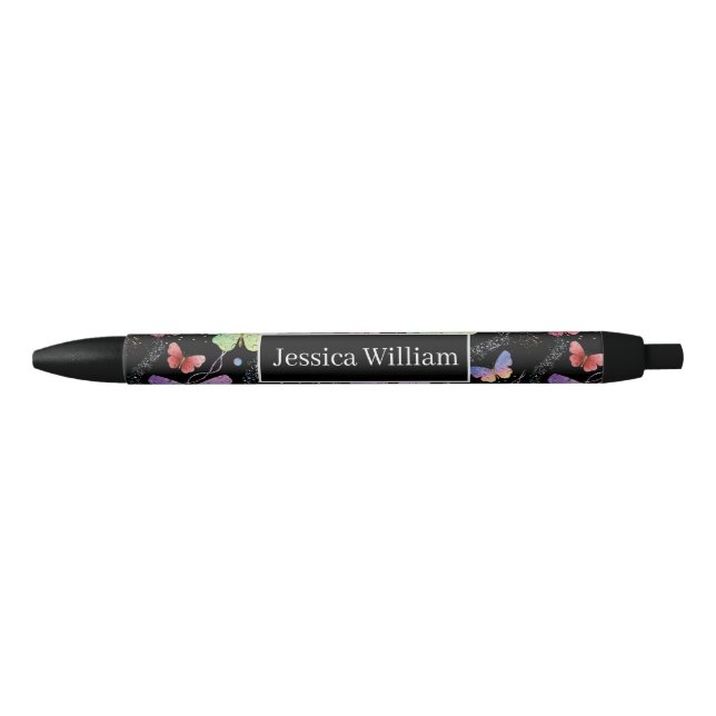 Personal Name Elegant Purple Bright Butterflies  Black Ink Pen (Front)