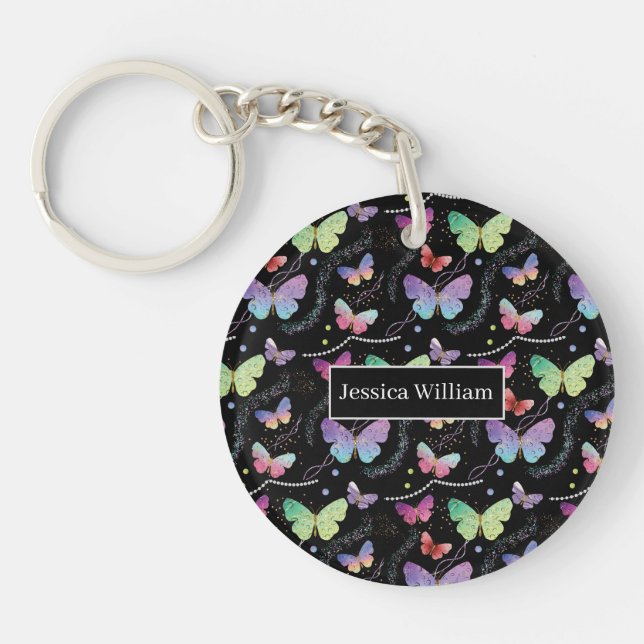 Personal Name Elegant Purple Bright Butterflies Ke Key Ring (Front)