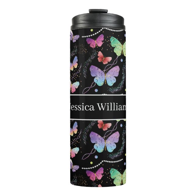 Personal Name Elegant Purple Bright Butterflies Thermal Tumbler (Front)