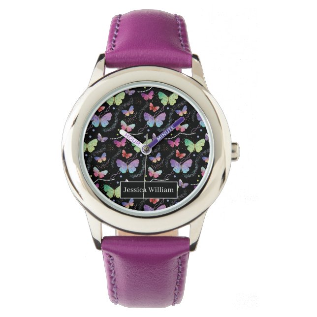 Personal Name Elegant Purple Bright Butterflies  Watch (Front)