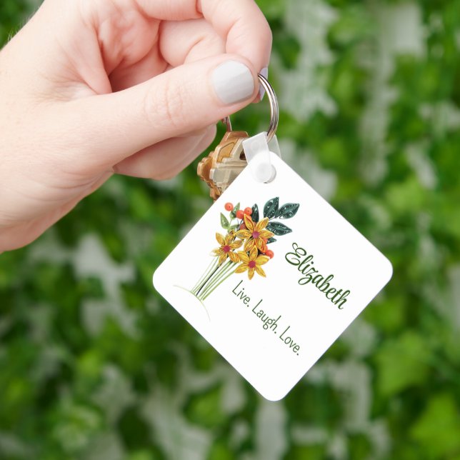 Personal Name, Quote, Paper Quilled Flowers, Metal Key Ring (Hand)