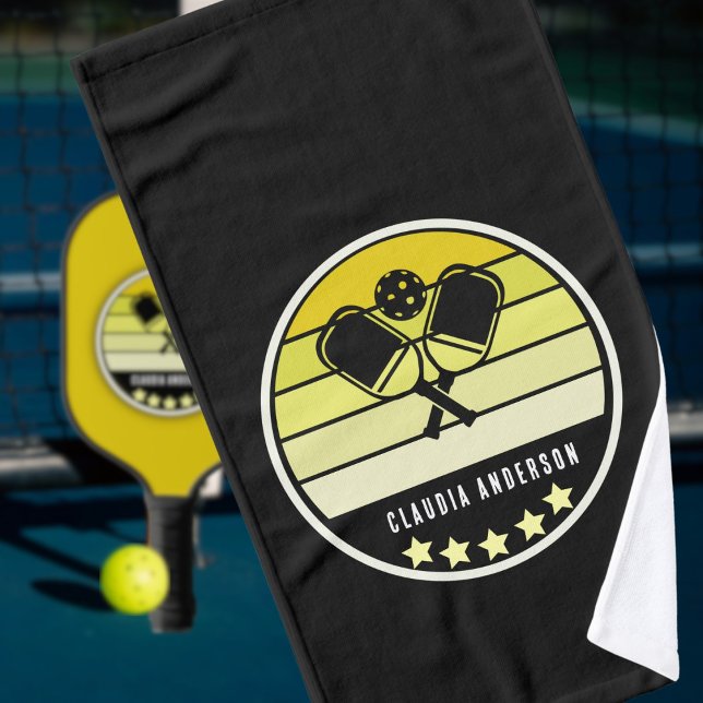 Personal Name Yellow Pickleball Paddle Black Hand Towel (Creator Uploaded)