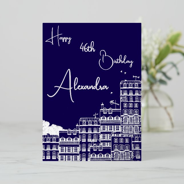 Personal Navy & Silver Named & Aged Birthday Card (Standing Front)
