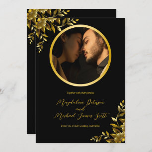 Personal Photo Gold Circle Frame on Black Wedding Invitation
