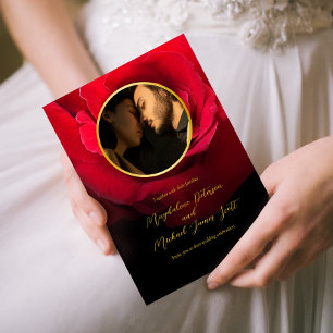 Personal Photo Gold Frame Red Rose   Black Wedding Invitation