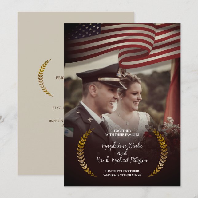 Personal Photo | USA Flag | Laurel Leaves Wedding Invitation (Front/Back)