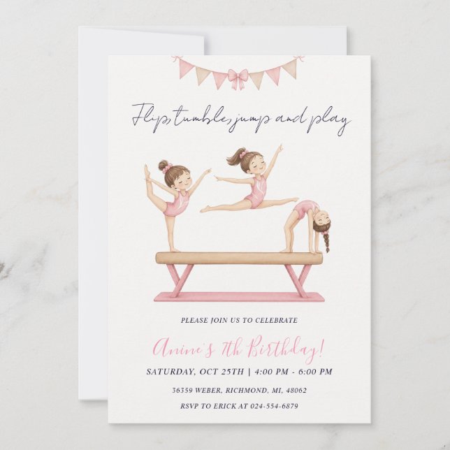 Personal Pink Gymnastics Birthday  Invitation (Front)