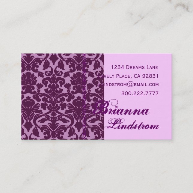 Personal PURPLE and PINK Damask Business Card (Front)