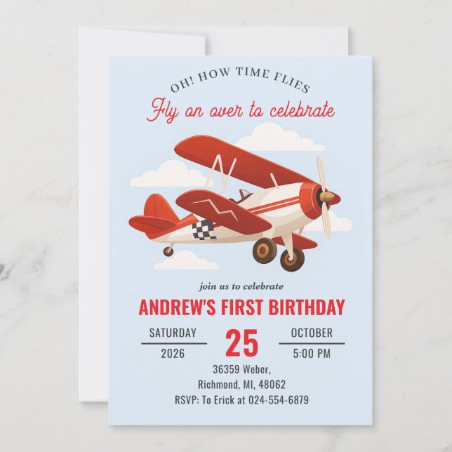Personal red Aeroplane 1st Birthday party Invitation (Front)
