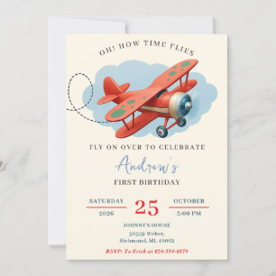 Personal red Aeroplane 1st Birthday party Invitation