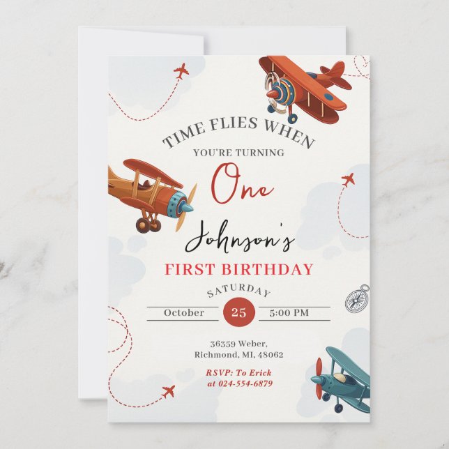 Personal Retro Aeroplane first Birthday party Invitation (Front)