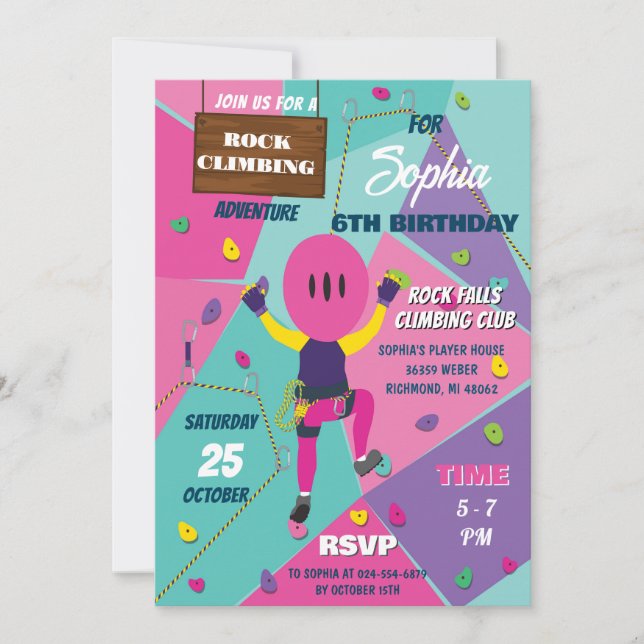 Personal Rock Climbing Girl Birthday Party Invitation (Front)