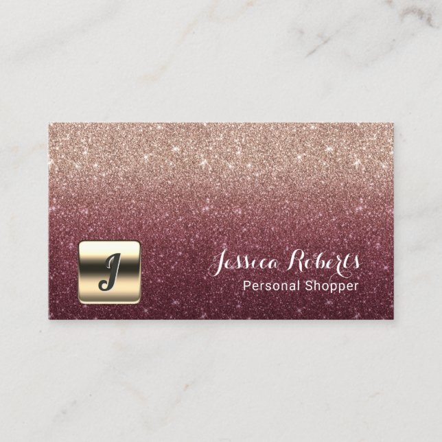 Personal Shopper Burgundy Rose Gold Ombre Monogram Business Card (Front)