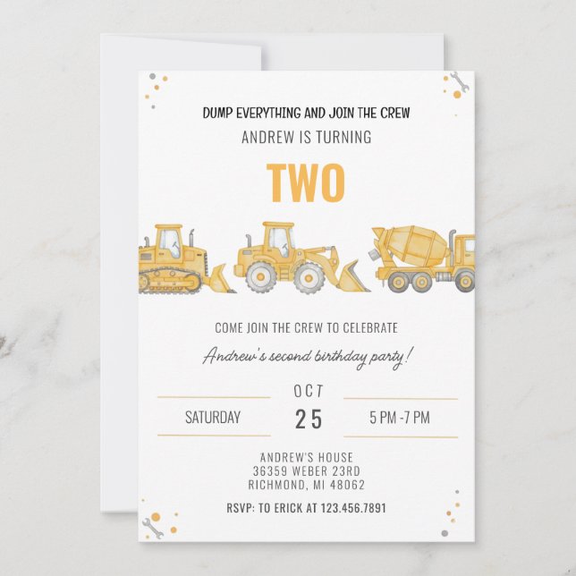 Personal Simple Construction Birthday Party Invita Invitation (Front)