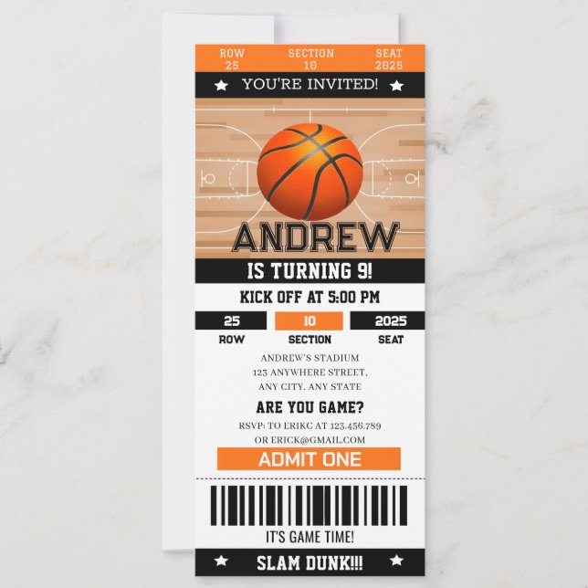 Personal Slam Dunk Birthday Bash Sports Ticket  Invitation (Front)