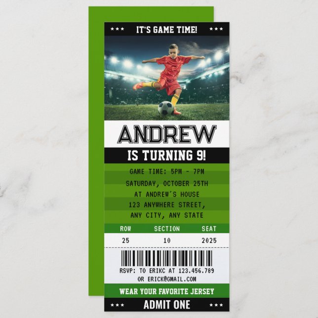 Personal Soccer Ticket Team Club Birthday  Invitation (Front/Back)