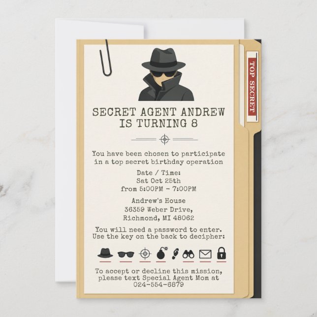 Personal Spy File Birthday Invitation (Front)