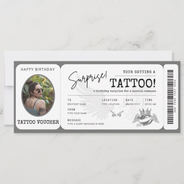 Personal Tattoo voucher ticket with photo Invitation (Front)