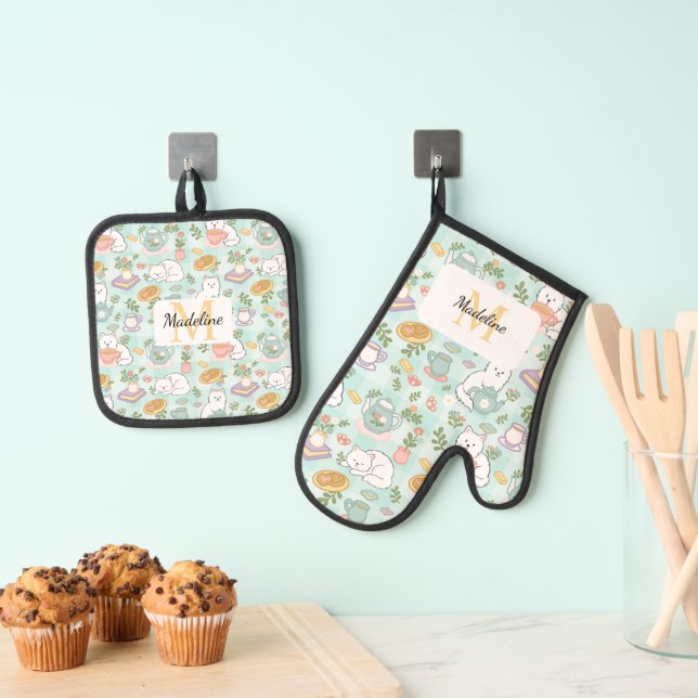 Personal Tea Monogram Mint Green  Oven Mitt & Pot Holder Set (Insitu(Hanging))
