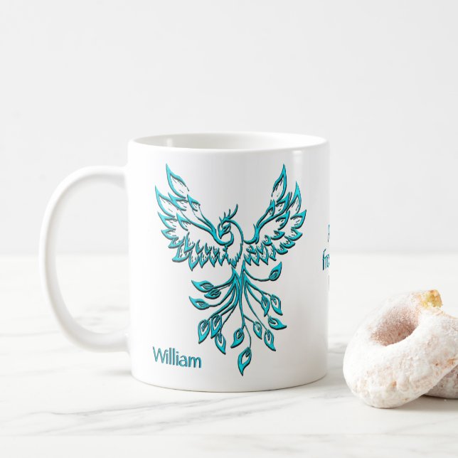 Personal Teal Blue Phoenix Rises from the Bed  Coffee Mug (With Donut)