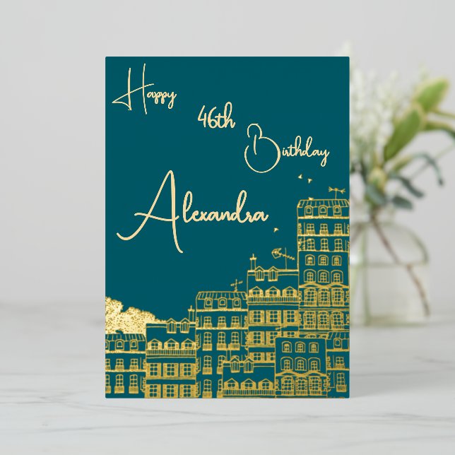 Personal Teal & Gold Named & Aged Birthday Card (Standing Front)