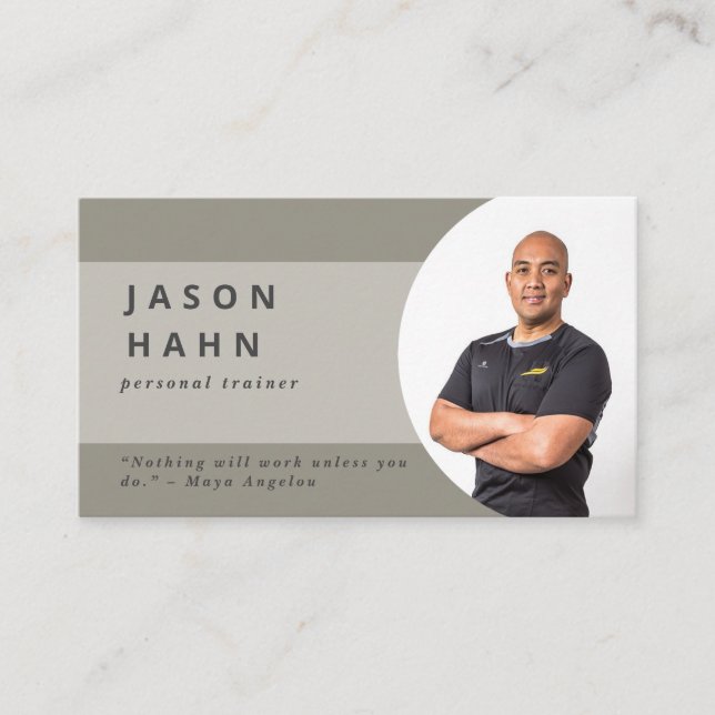 personal trainer beige/grey photo business card (Front)
