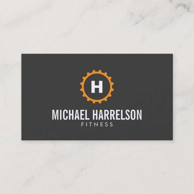 Personal Trainer, Fitness Gear Monogram in Orange Business Card (Front)