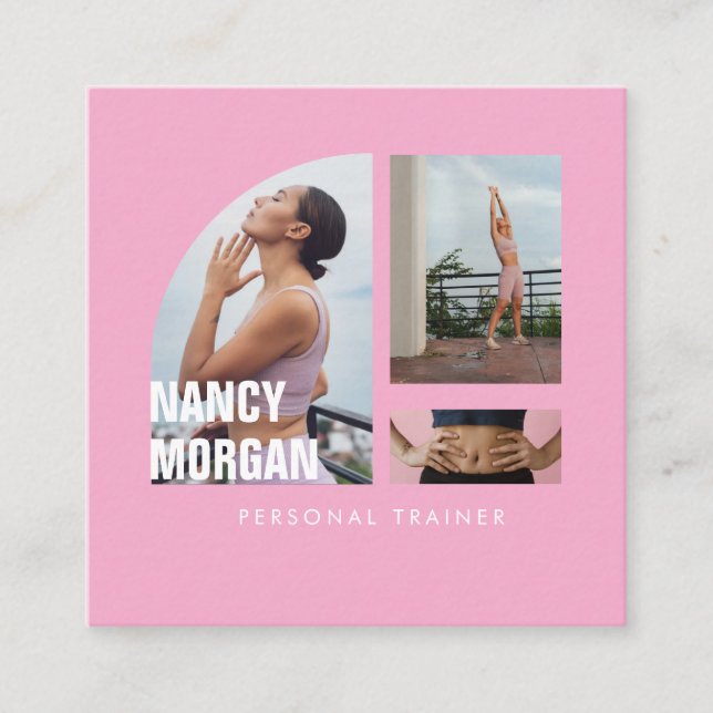 Personal Trainer Photo Collage Pink Square Business Card (Front)