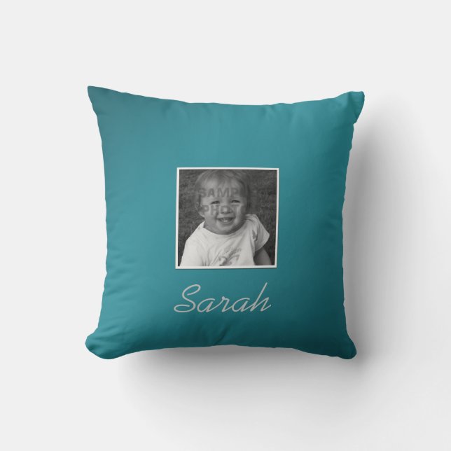 Personal Two Custom Photos and Custom Text on Teal Cushion (Front)