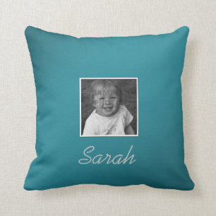 Personal Two Custom Photos and Custom Text on Teal Cushion