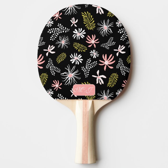 Personal unique stylish black & pink floral  ping pong paddle (Front)