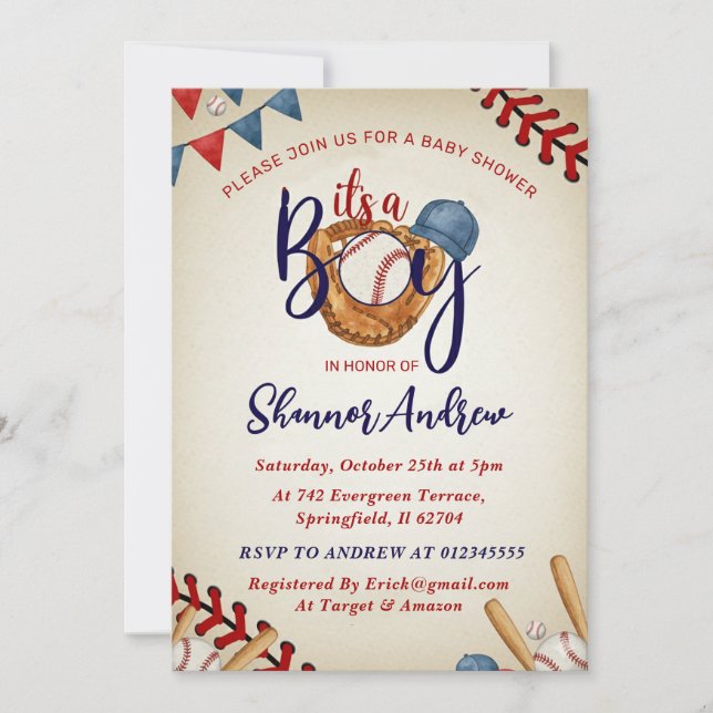 Personal Vintage Baseball Baby Shower Bundle Invitation (Front)