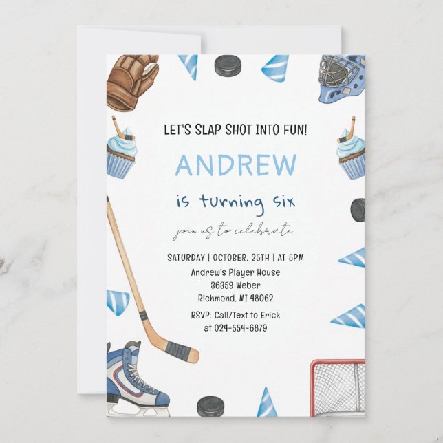 Personal Watercolor Hockey Birthday Party Invitation (Front)