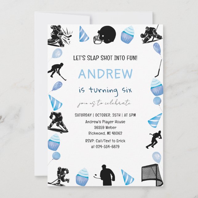 Personal Watercolor Hockey Birthday Party Invitation (Front)
