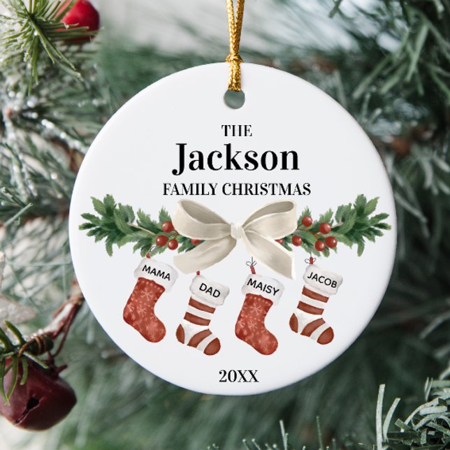 Personalisable Family Of 4 Christmas Stocking Ceramic Ornament (Creator Uploaded)