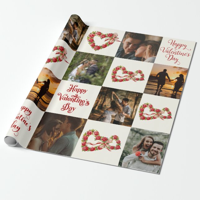 Personalise 10 Photos Happy Valentine's Day Retro Wrapping Paper (Unrolled)