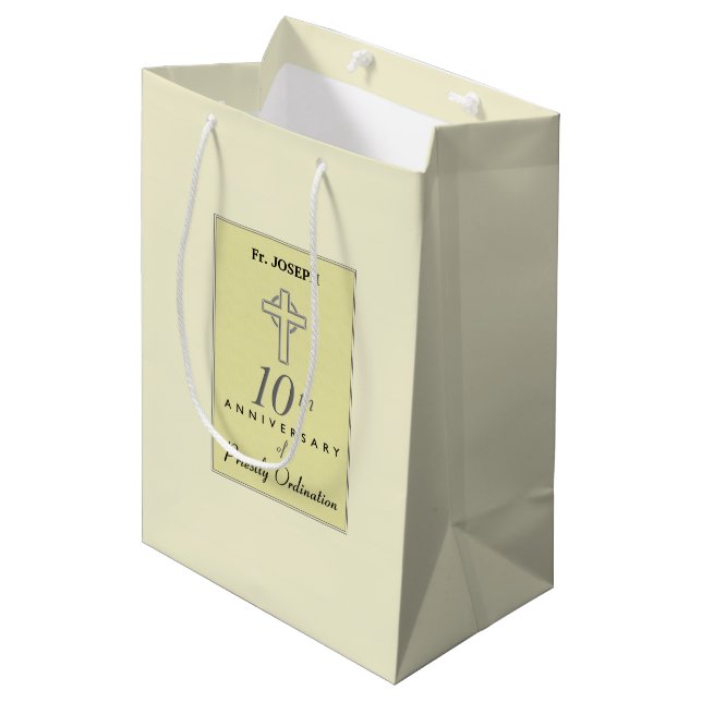 Personalise, 10th Anniversary of Priest Embossed Medium Gift Bag (Front Angled)