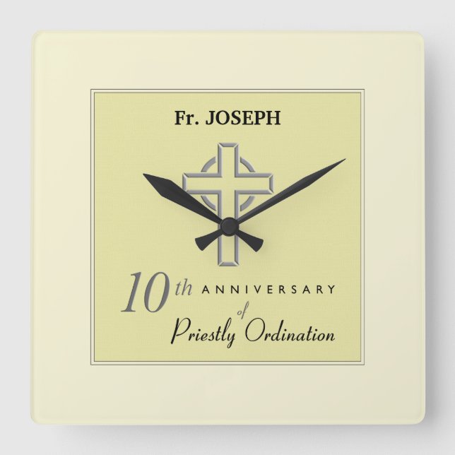 Personalise, 10th Anniversary of Priest Embossed Square Wall Clock (Front)