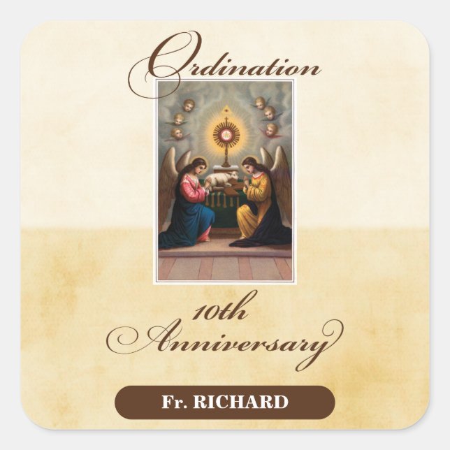 Personalise, 10th Ordination Anniversary Angels Square Sticker (Front)