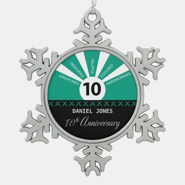 Personalise, 10th Year Employee Anniversary Snowflake Pewter Christmas Ornament (Front)