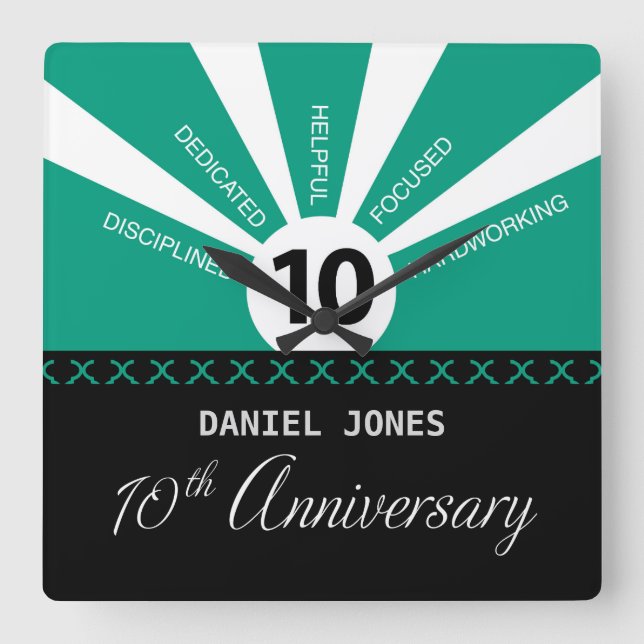 Personalise, 10th Year Employee Anniversary Square Wall Clock (Front)