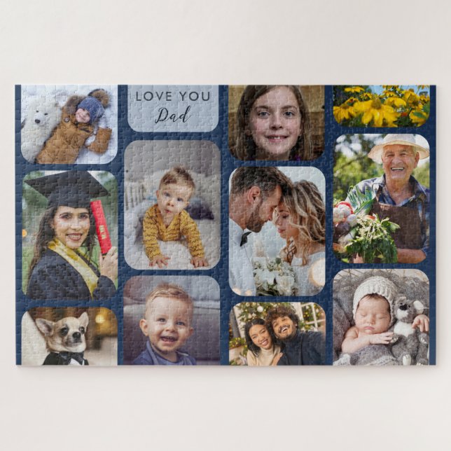     Personalise 11 Photos Navy Modern Love You Dad Jigsaw Puzzle (Horizontal)
