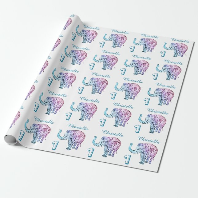 Personalise 1st Birthday elephant Wrapping Paper (Unrolled)