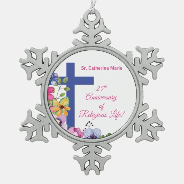 Personalise, 25th Anniversary Nun Religious Life Snowflake Pewter Christmas Ornament (Front)