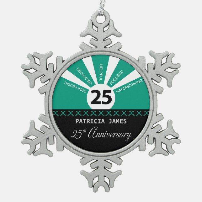 Personalise, 25th Year Employee Anniversary Snowflake Pewter Christmas Ornament (Front)