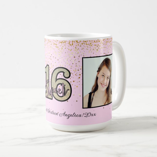 Personalise 2 Photos & Message Sweet 16 Gift Coffee Mug (Front Right)
