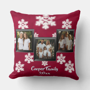 Personalise 3 photo Christmas cheer snowflakes Cushion