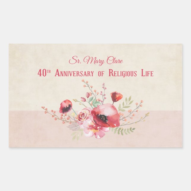 Personalise, 40th Anniversary Nun, Pink and Rectangular Sticker (Front)